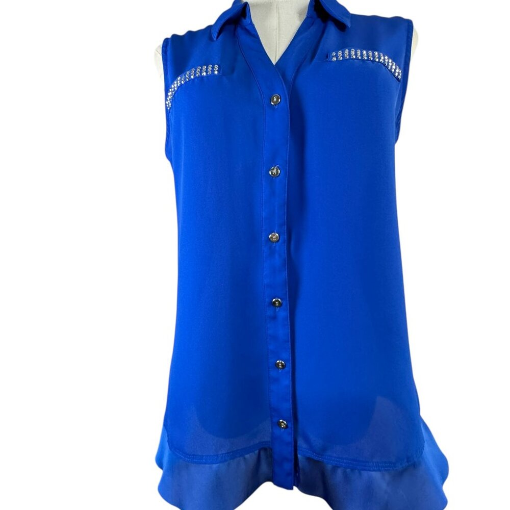 Alfani Petite Royal Blue Sleeveless Button Down Blouse 8P Rhinestone Studded Top